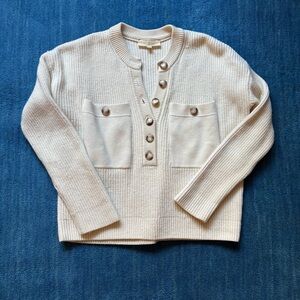 Sezane Cream Button-Placket Pocket Knit Fitted Sweater